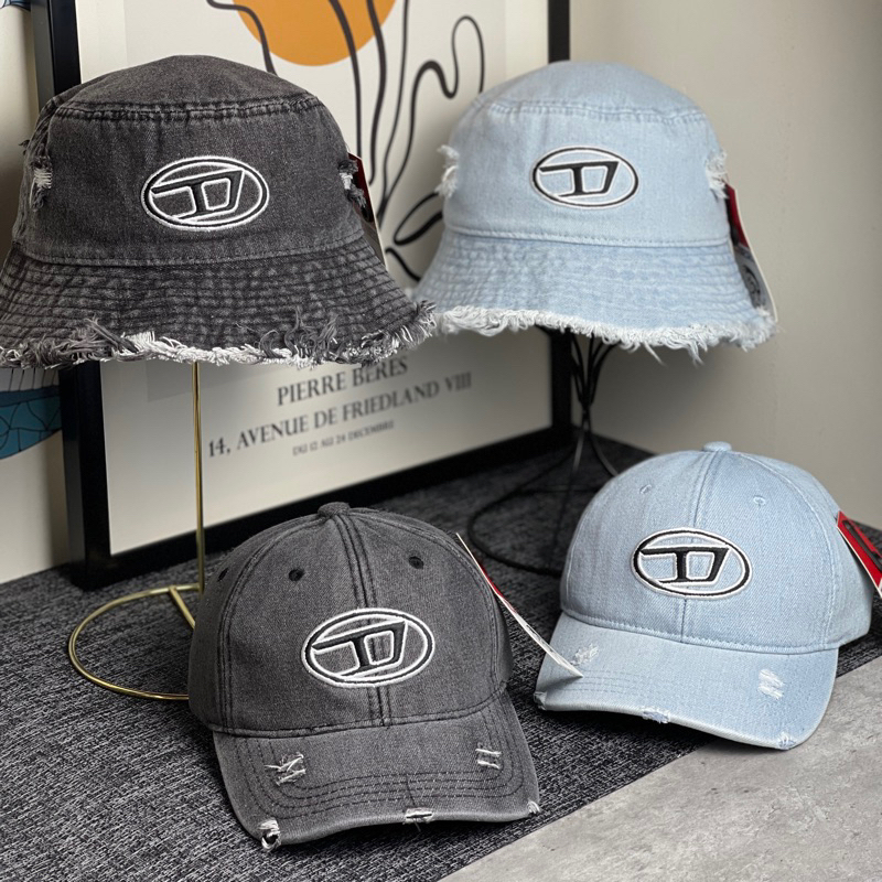 Mũ nón cặp Diel jean denim rách bụi thêu logo cao cấp phong cách cá tính thời trang VNXk