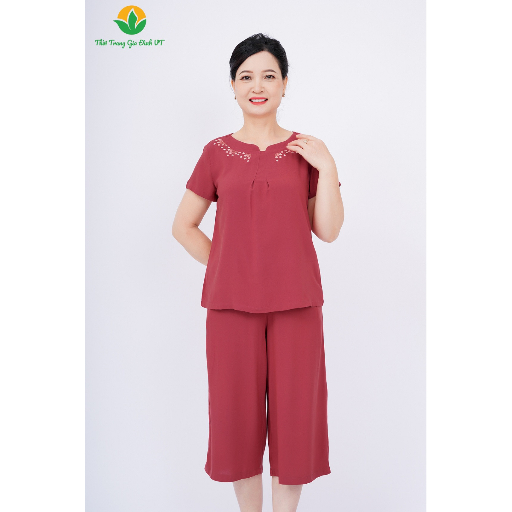 Bộ quần áo mặc nhà trung niên xuân hè Việt Thắng, quần lửng, áo cộc tay, chất Lanh - B26.2305