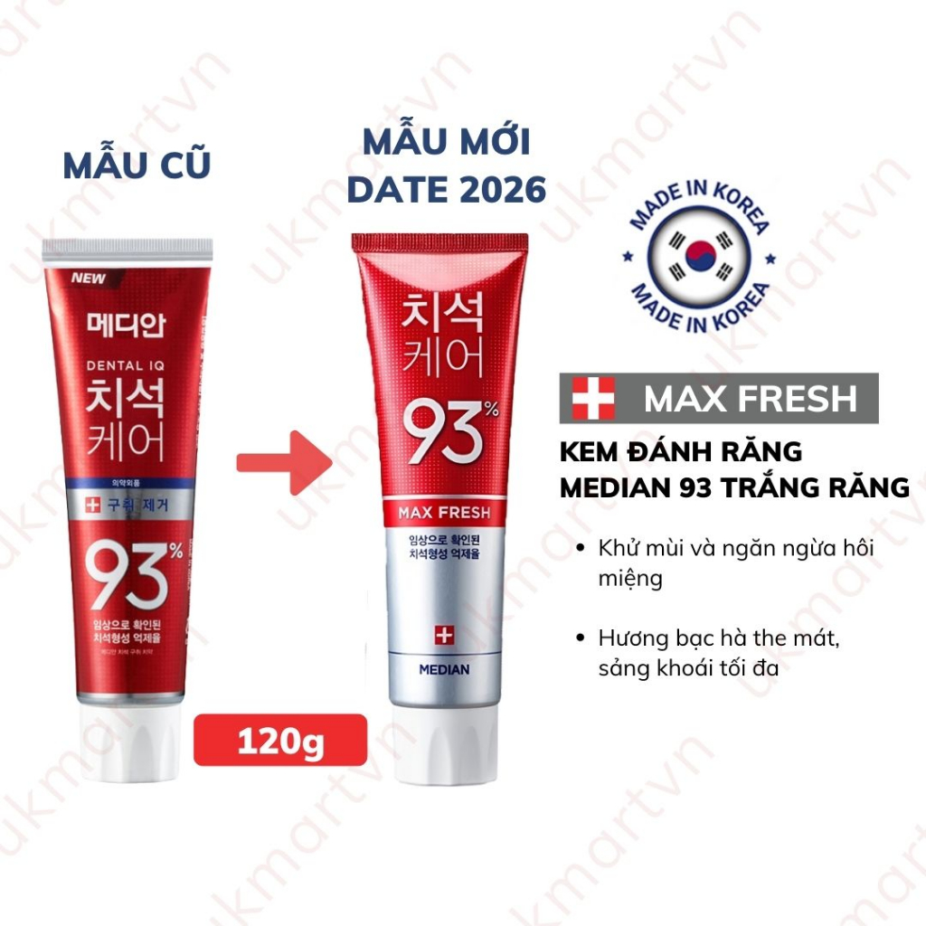 Kem Đánh Răng Hàn Quốc Trắng Răng MEDIAN DENTAL IQ 93% 4g , 120g - MEDIAN GUM SCIENCE 87%-93% 120g