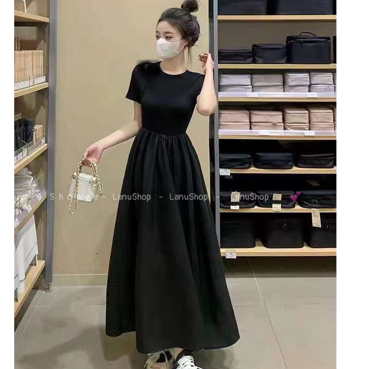 [Mới] Váy đen cộc tay dáng dài trơn, đầm maxi che mọi khuyết điểm LanuShop V32