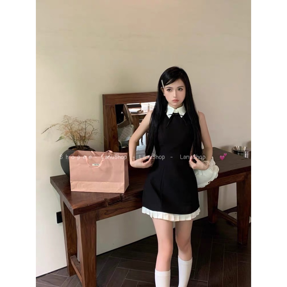 Váy cổ tròn đính nơ cổ chân váy pha bèo Hàng 2 lớp ngắn xinh , Đầm dáng A đáng yêu LanuShop V22