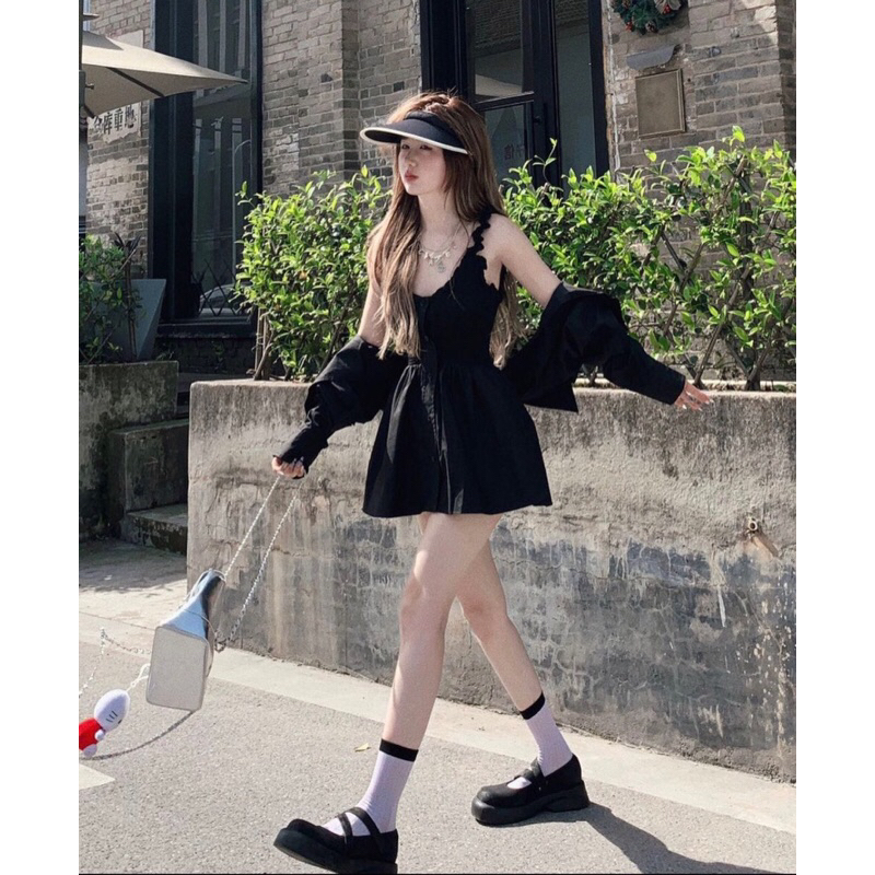 Đầm tafta cổ vuông phối tay bồng đính đá | BigBuy360 - bigbuy360.vn