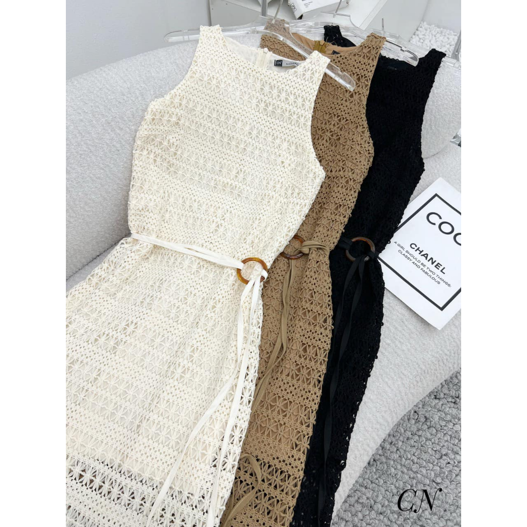 Váy ren dệt sát nách khóa sau đai eo dáng dài 2 lớp 3 màu