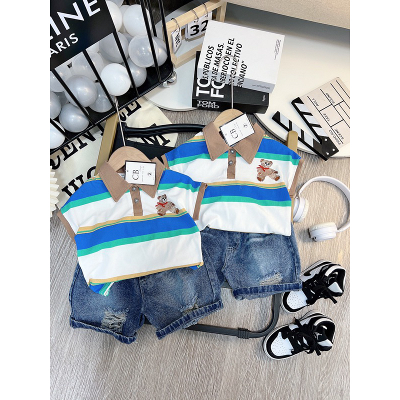 Bộ bé trai,Sét áo gấuu kẻ quần jean cho bé 10 đến 30kg B0215