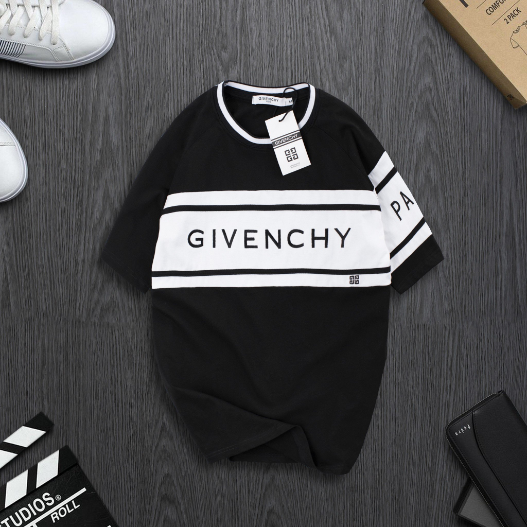Áo thun nam Give.r.chy raplan thêu chữ phối sọc form rộng cotton 2 chiều boy phố