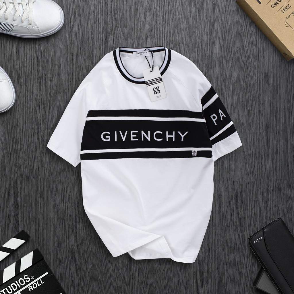 Áo thun nam Give.r.chy raplan thêu chữ phối sọc form rộng cotton 2 chiều boy phố