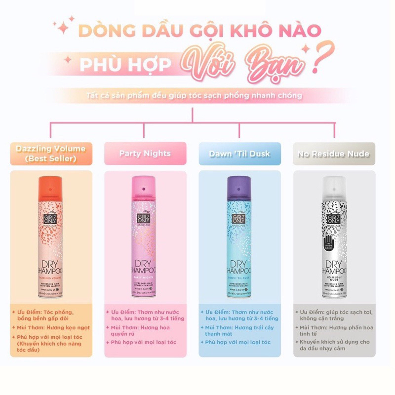 Dầu Gội Khô Girlz Only Party Nights / Dawn 'Til Dusk / Dazzling Volume / No Residue Nude 200ml
