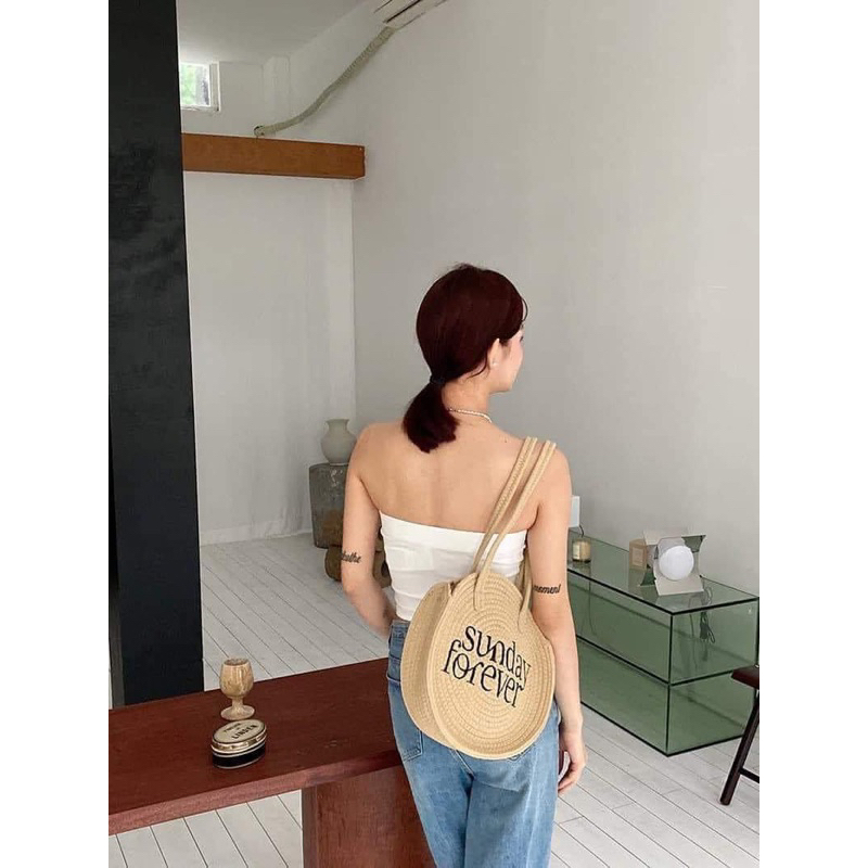 Túi Cói Cao Cấp Hình Tròn Thêu Chữ Sunday Forever Phong Cách Hiện Đại Trẻ Trung 2023