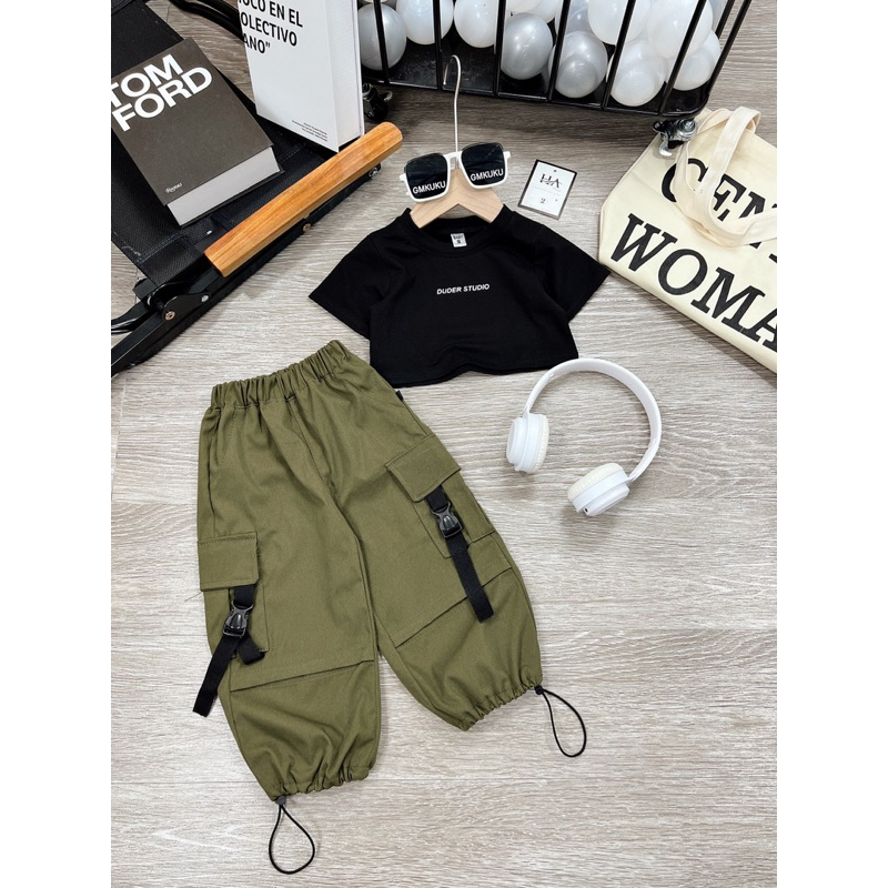 10-29kg set áo croptop mix quần bom kaki túi hộp phong cách cá tính cho bé gái, đồ đi nhảy cho bé gái