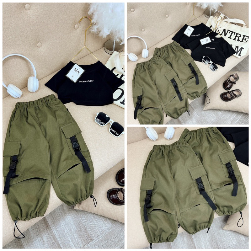 10-29kg set áo croptop mix quần bom kaki túi hộp phong cách cá tính cho bé gái, đồ đi nhảy cho bé gái