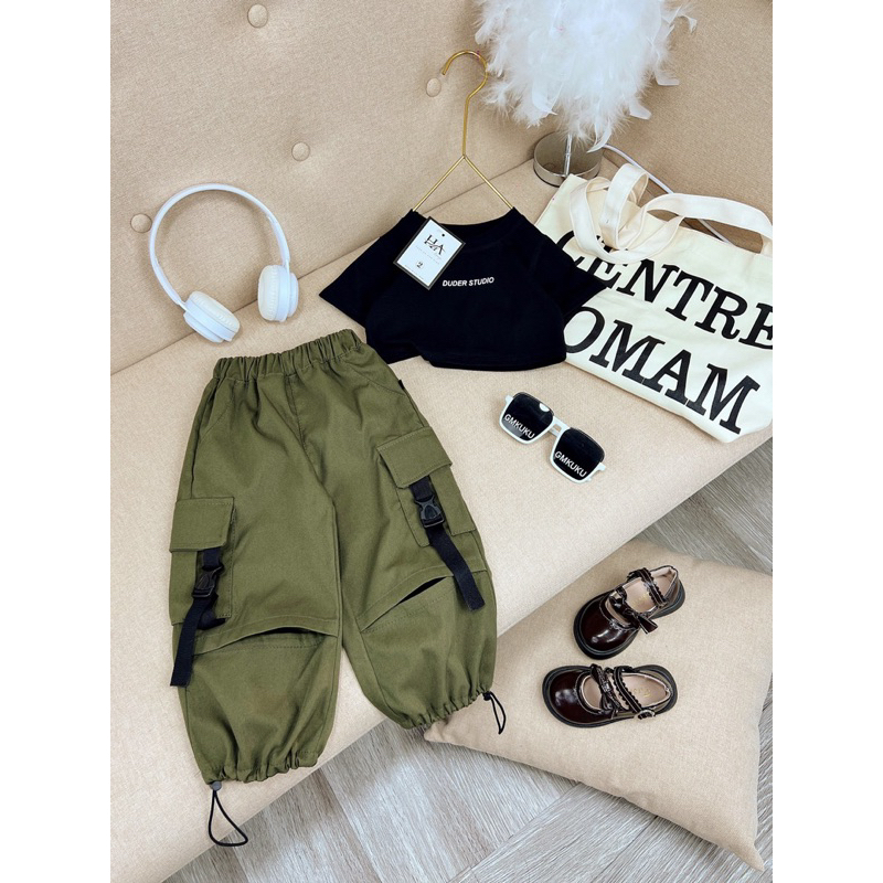 10-29kg set áo croptop mix quần bom kaki túi hộp phong cách cá tính cho bé gái, đồ đi nhảy cho bé gái
