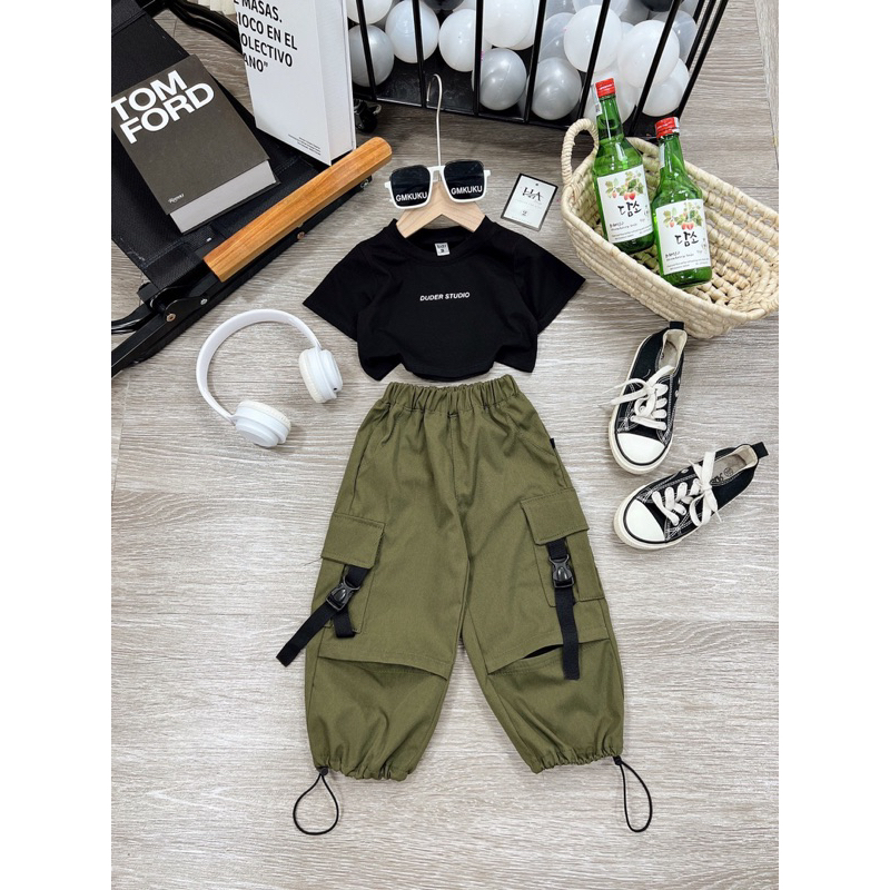 10-29kg set áo croptop mix quần bom kaki túi hộp phong cách cá tính cho bé gái, đồ đi nhảy cho bé gái