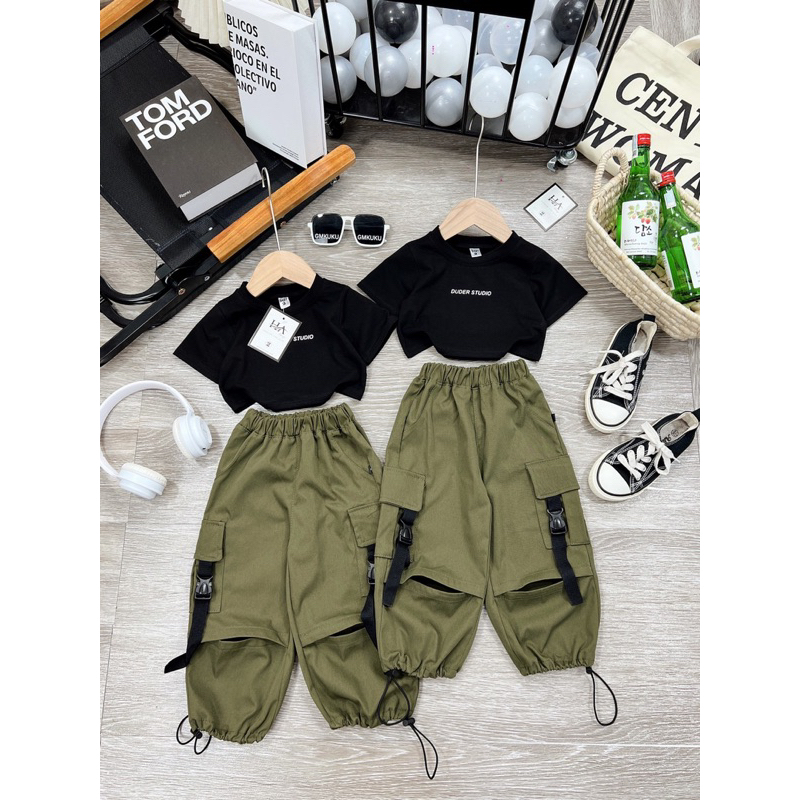 10-29kg set áo croptop mix quần bom kaki túi hộp phong cách cá tính cho bé gái, đồ đi nhảy cho bé gái