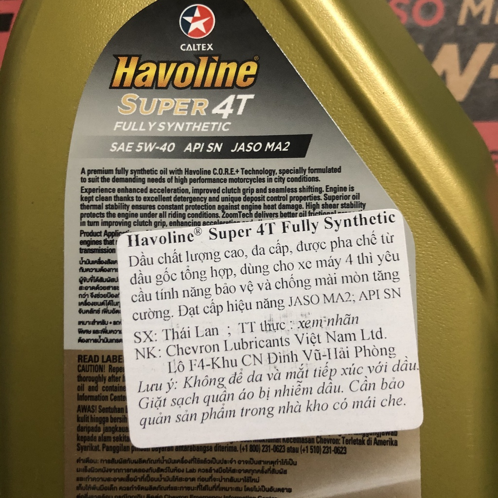[ CHÍNH HÃNG ] Dầu nhớt xe số tổng hợp 100% Caltex Havoline Super 4T Fully Synthetic 5w40 [ 1L ]