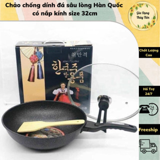 Chảo chống dính đá sâu lòng Hàn Quốc có nắp kính size 32cm dùng được bếp từ