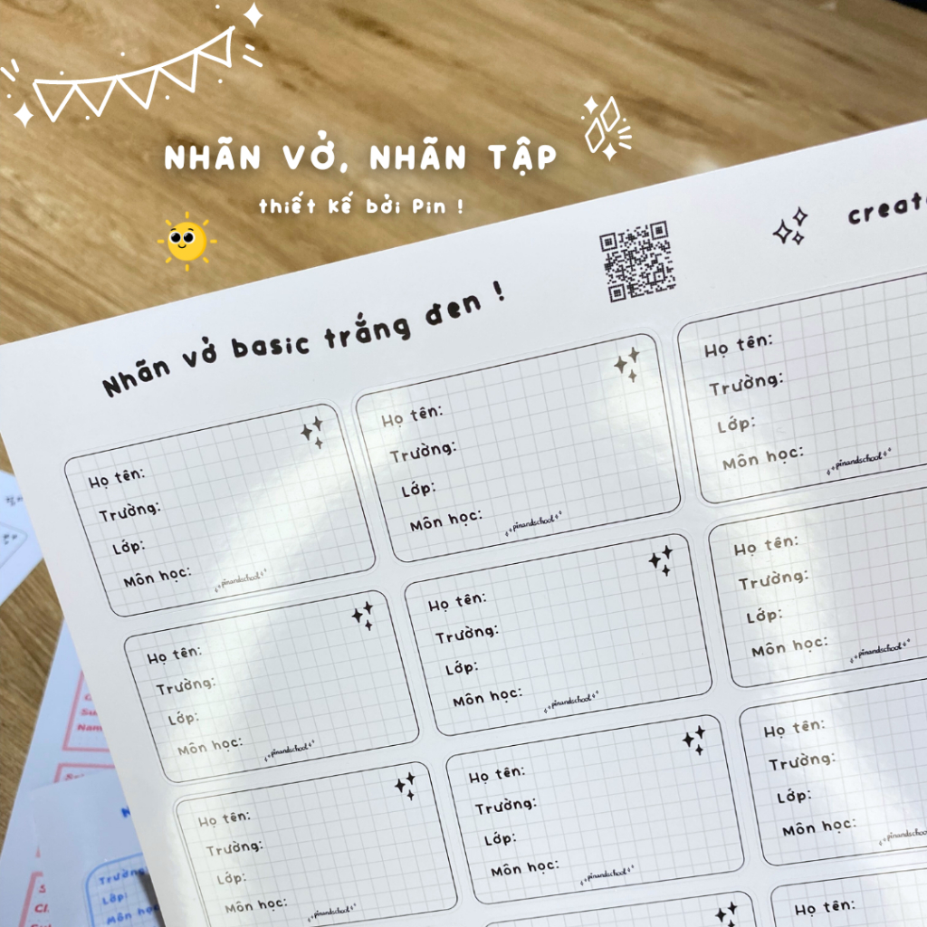 Nhãn vở viết tay sắc màu, nhãn vở theo môn học, mẫu BT21, We Bare Bears, Thỏ con, Mèo con | Pinandschool