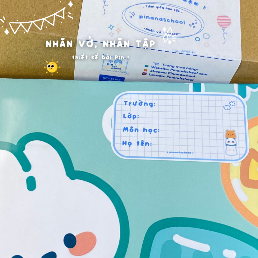 Nhãn vở viết tay sắc màu, nhãn vở theo môn học, mẫu BT21, We Bare Bears, Thỏ con, Mèo con | Pinandschool