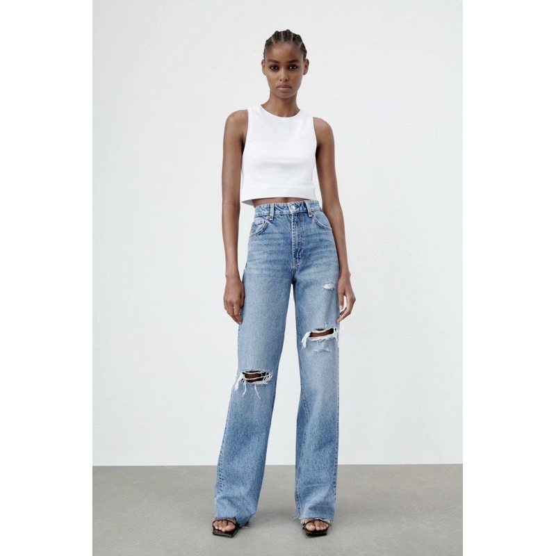 Quần Jeans Ống Suông Rộng Rách Gối Zara