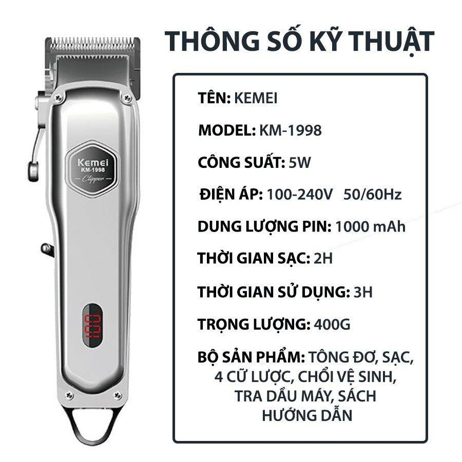 Tông Đơ Cắt Tóc Kemei KM-1998 Thân Nhôm Nguyên Khối Chuyên Nghiệp Cho Salon Và Gia Đình Có Kèm Cữ Cắt Tóc