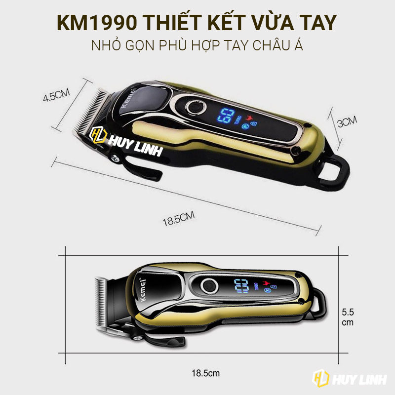 Tông Đơ Cắt Tóc Kemei KM-1990 Chuyên Nghiệp Có Mức Điều Chỉnh Tốc Độ-Màn Hình LCD-Hiện Phần Trăm Pin Rõ Nét
