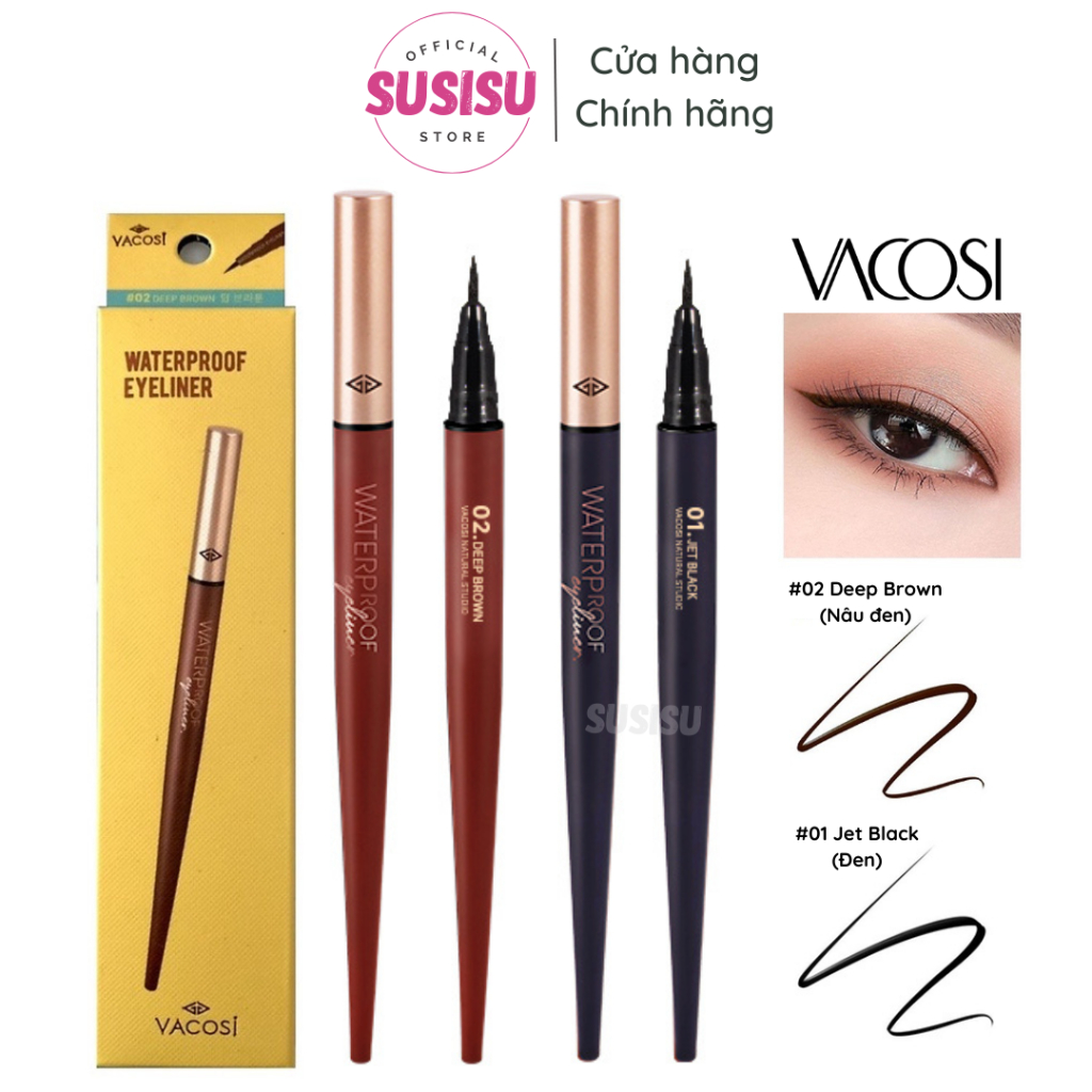Bút kẻ Mắt nước Waterproof siêu lì VACOSI VM24 / Bút kẻ viền mí lâu trôi màu Nâu/Đen