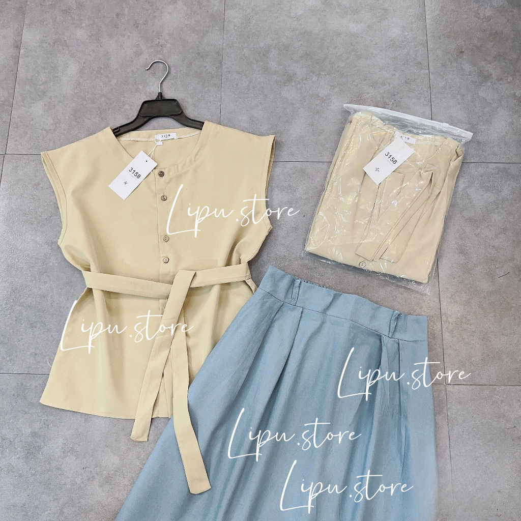 Áo sơ mi vàng chanh phối chân váy denim, set áo tay hến thiết kế cao cấp sang trọng đi làm đi chơi đi tiệc
