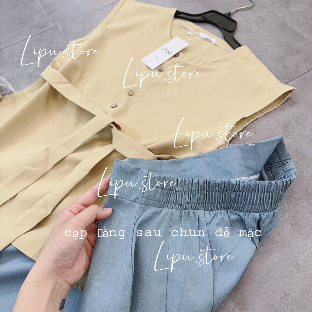 Áo sơ mi vàng chanh phối chân váy denim, set áo tay hến thiết kế cao cấp sang trọng đi làm đi chơi đi tiệc