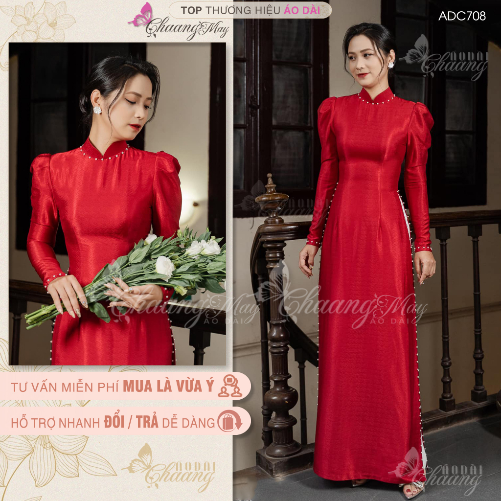 Áo dài cưới cô dâu tay vai bồng Chaang may sẵn áo dài lụa vân đỏ đính ngọc dự tiệc ăn hỏi lễ tết đẹp ADC710