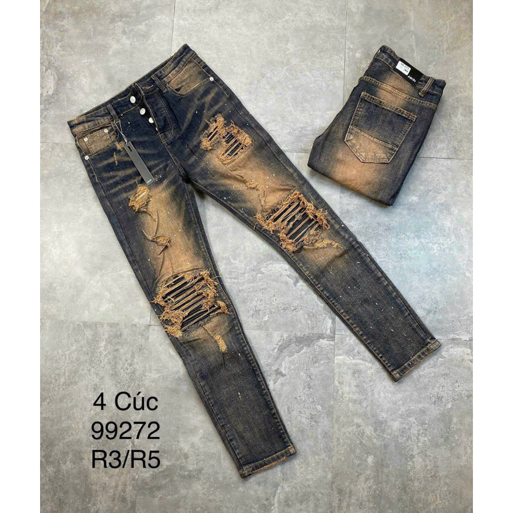 Quần Valadak Nâu Đồng Vá Da Vảy Sơn vá da dập vân thêu sát viền tương đối cứng vảy sơn trắng bản 4 khuy