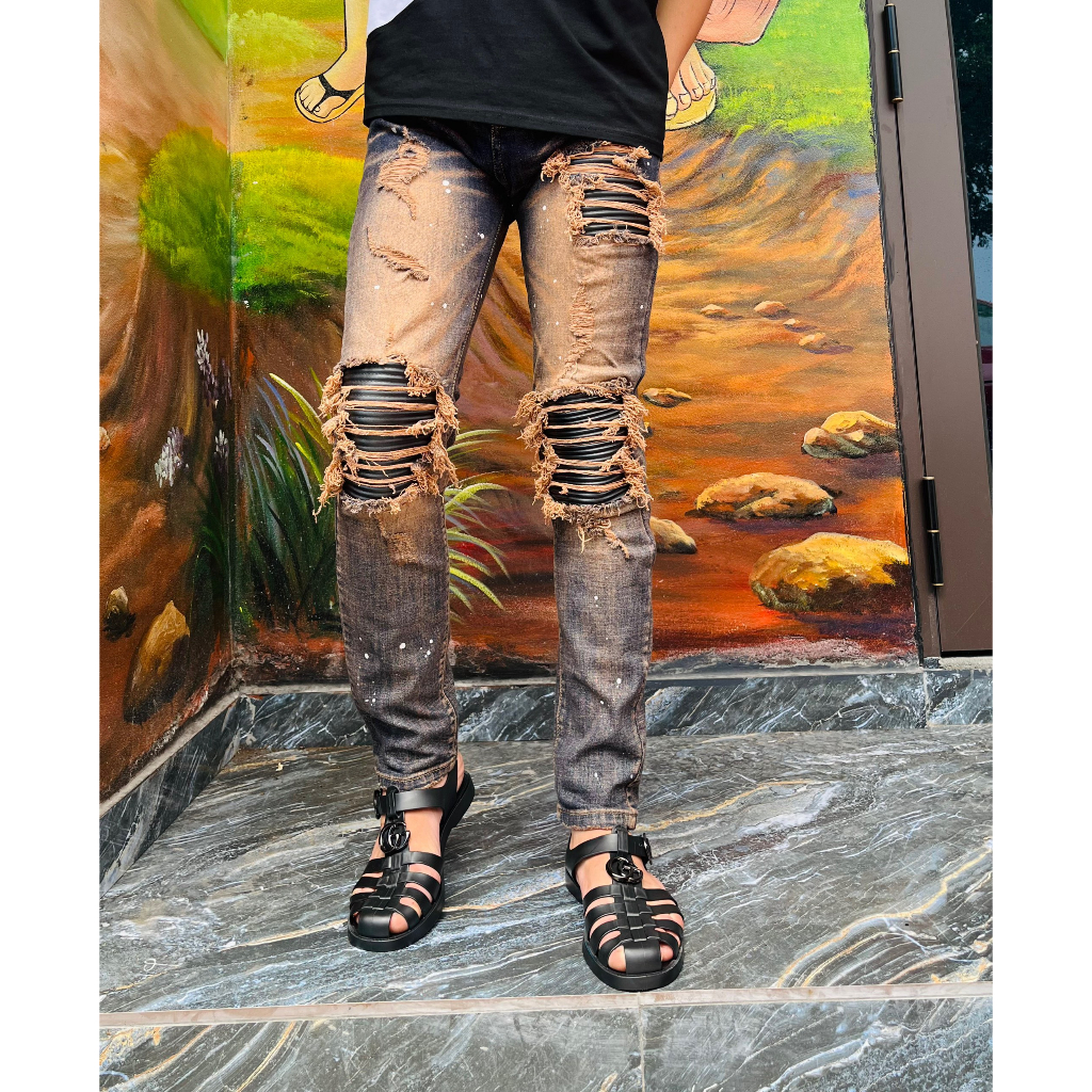 Quần Valadak Nâu Đồng Vá Da Vảy Sơn vá da dập vân thêu sát viền tương đối cứng vảy sơn trắng bản 4 khuy