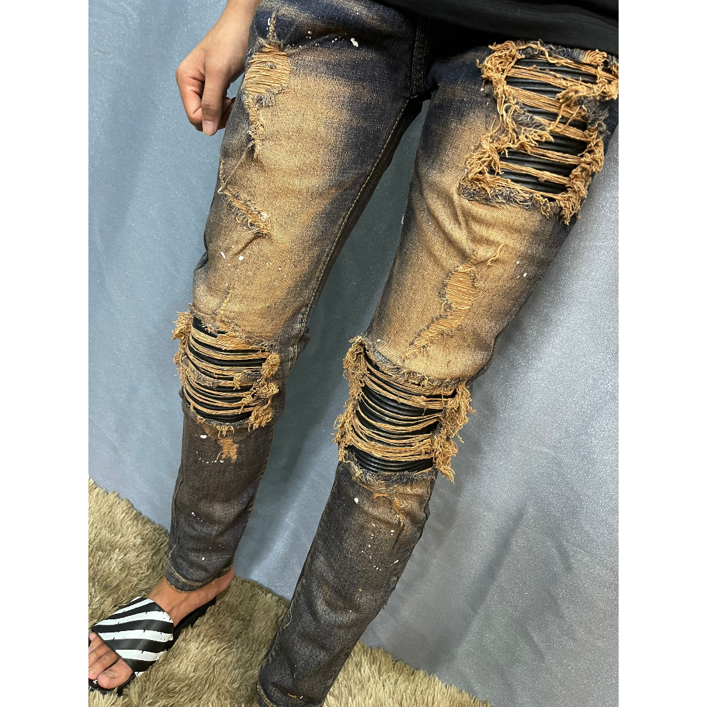 Quần Valadak Nâu Đồng Vá Da Vảy Sơn vá da dập vân thêu sát viền tương đối cứng vảy sơn trắng bản 4 khuy