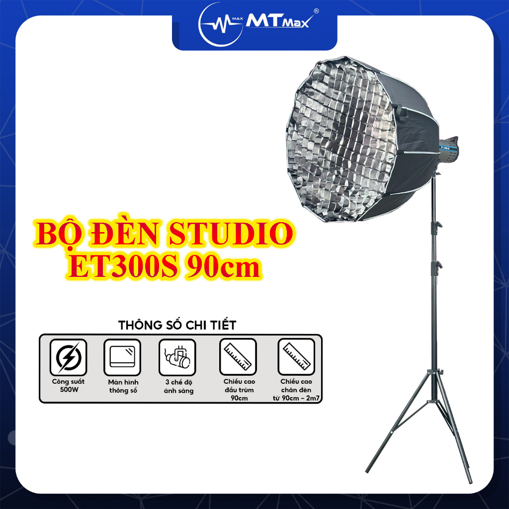 Bộ Đèn Studio ET300S Loại 90cm - Công Suất 600W, 3 Chế Độ Sáng, Màn Hình Thông Số, Chân Đèn Gấp Gọn 