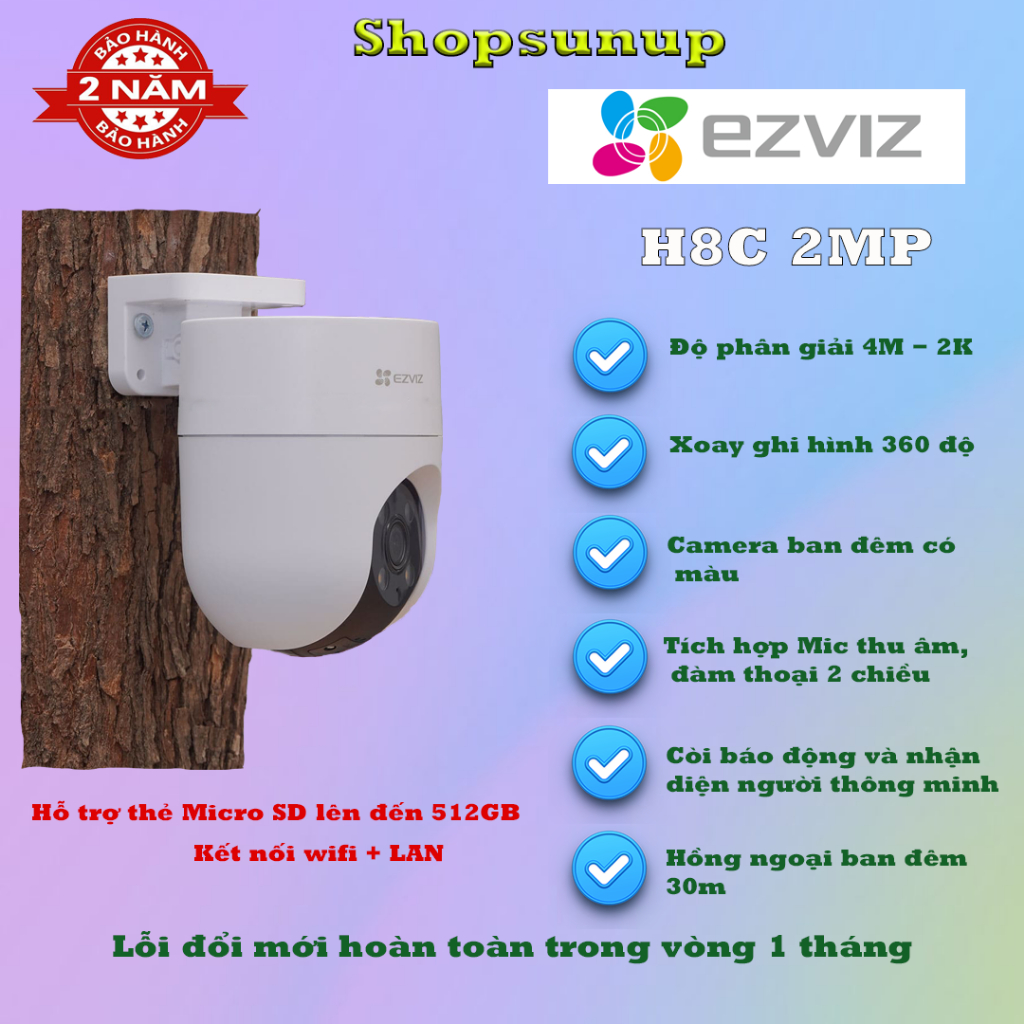 Camera Wifi EZVIZ H8C Full HD 1080P xoay 360 độ Tích hợp AI có màu ban đêm ngoài trời