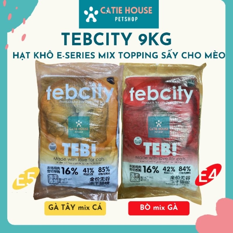 Thức ăn hạt cho mèo Tebcity Teb E thịt sấy không độn ngũ cốc, hạt cho mèo trưởng thành, mèo con 9kg