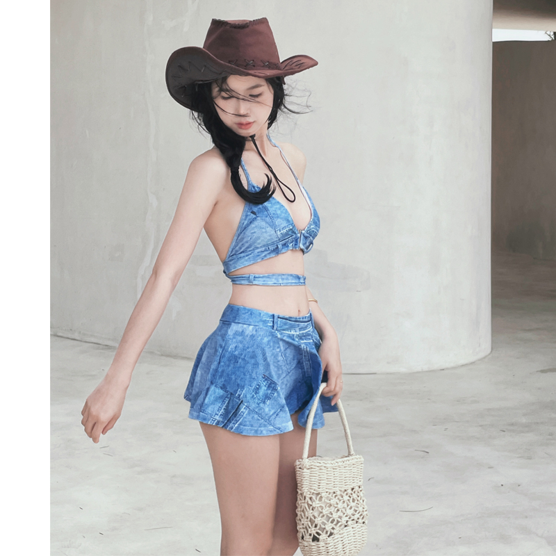 Bikini 2 mảnh dáng váy chất thun vân jeans đồ bơi cho nữ áo có mút ngực chân váy cạp cao tôn dáng che khuyết điểm K-5