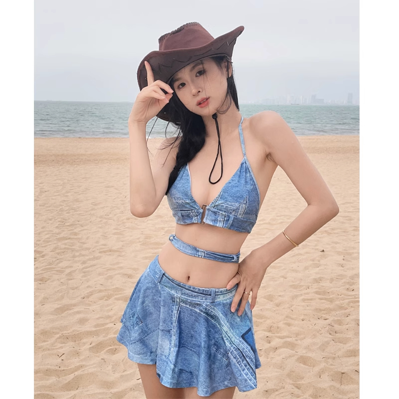 Bikini 2 mảnh dáng váy chất thun vân jeans đồ bơi cho nữ áo có mút ngực chân váy cạp cao tôn dáng che khuyết điểm K-5