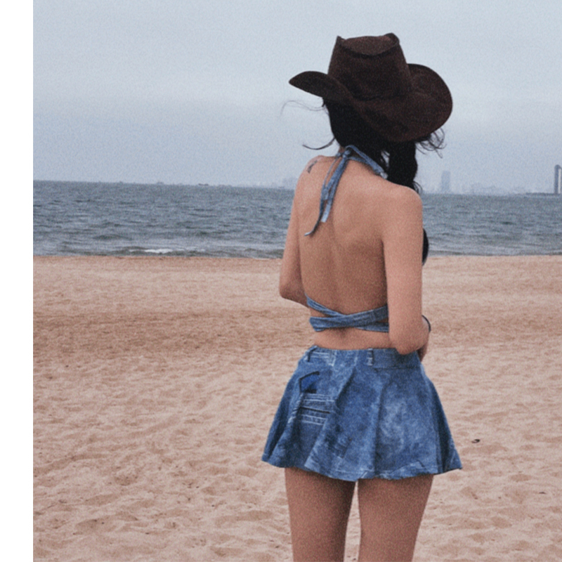 Bikini 2 mảnh dáng váy chất thun vân jeans đồ bơi cho nữ áo có mút ngực chân váy cạp cao tôn dáng che khuyết điểm K-5