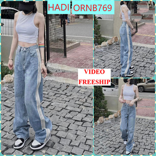 [ORNB769]QUẦN JEANS ỐNG RỘNG NỮ LƯNG CAO PHỐI 3 SỌC TRẮNG HÔNG XANH NHẠT LAI CUỐN THỜI TRANG