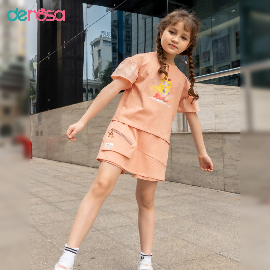 Bộ thun cộc tay size đại cho bé gái DEROSA KIDS kiểu dáng quần váy từ 6 đến 14 tuổi ZST23-406