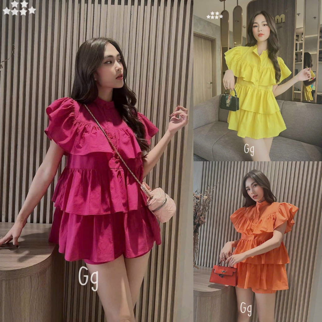Set bộ đồ nữ áo cánh tiên xếp ly tầng bánh bèo dành cho các nàng diện ở nhà, đi chơi siêu xinh