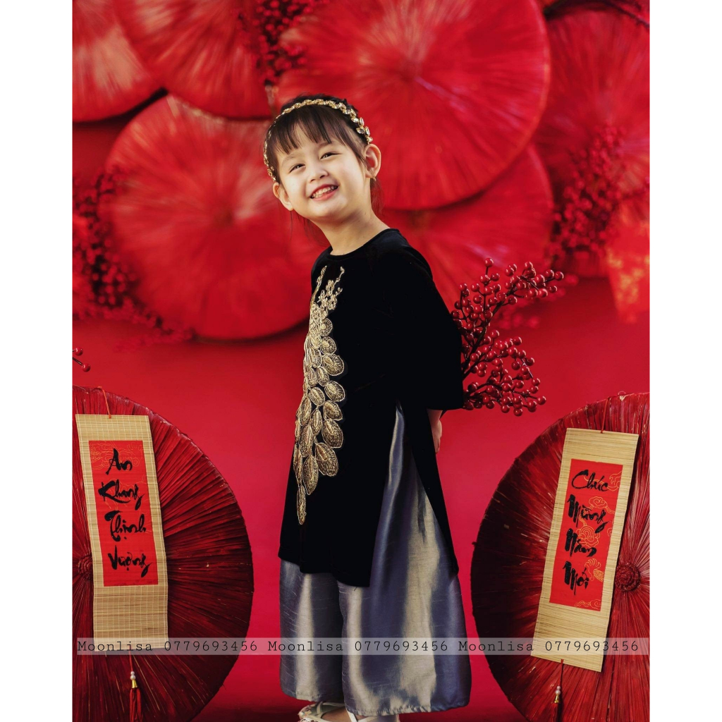 Aó Dài Nhung Đính Công Cho Mẹ Và Cho Bé Sản Xuất Trực Tiếp MOONLISA