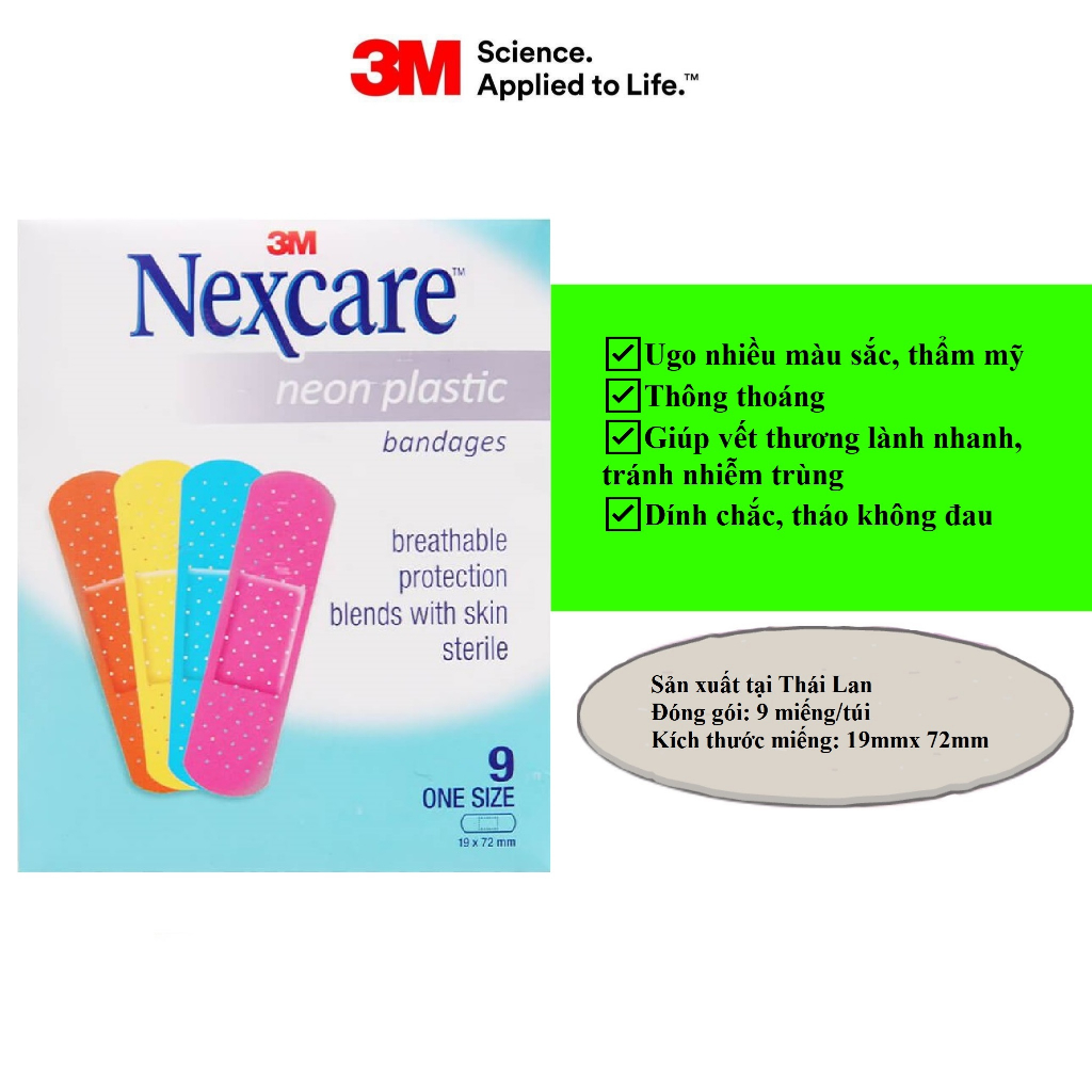 Vỉ 9 miếng băng cá nhân nhiều màu sắc Neon Nexcare 3M, Sản xuất tại Thái Lan (19x 72mm)_Chính hãng Mask3M