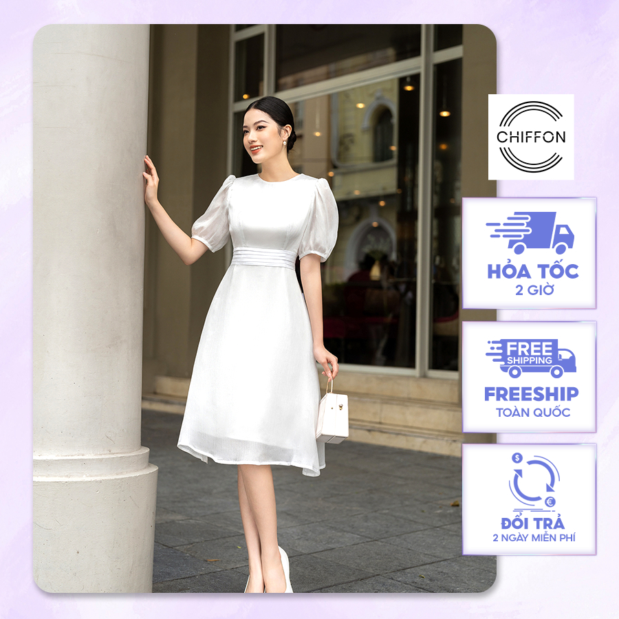 Váy nữ xòe nhún ly eo thiết kế Chiffon