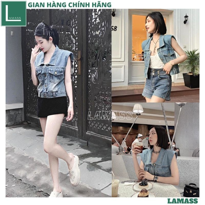 Áo gile jean dáng ngắn đai gấu màu cực chất thời trang trẻ, Áo khoác bò sát nách chất dày dặn 2 túi ngực cá tính - LAMA