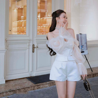 𝐉𝐨𝐥𝐢𝐞 𝐬𝐞𝐭 tafta nhũ lưới áo trễ vai croptop mix quần cạp bẻ - TKCC Ashley