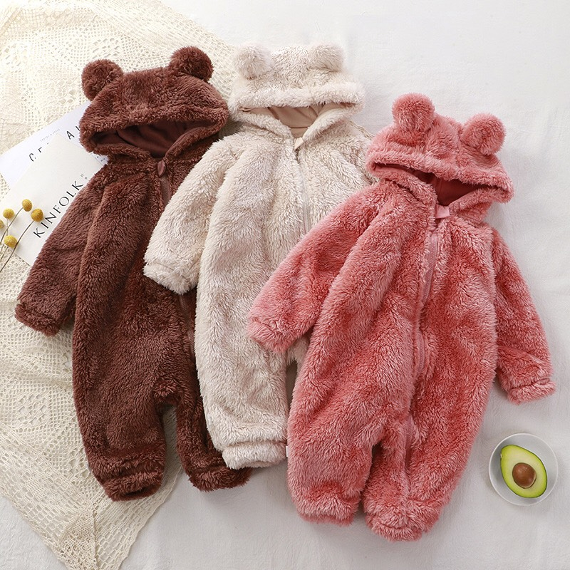 Body kéo khoá Bodysuit gấu lông ấm Hàng Quảng Châu xịn cho bé trai bé gái mặc đông