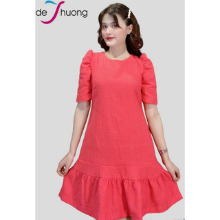 [ Chính hãng ] Đầm tunic nữ cổ tròn tay ngắn nút sau bèo lai, túi, 2 - hồng dâu - tweed - DE THUONG