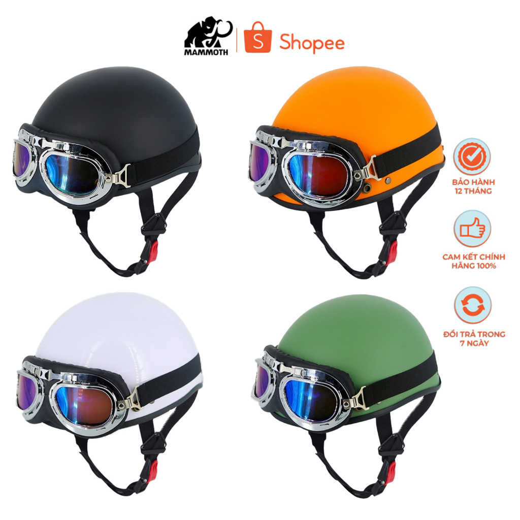 Mũ bảo hiểm nửa đầu SRT trơn nhiều màu kèm kính UV, kính phi công, freesize - Tặng sticker