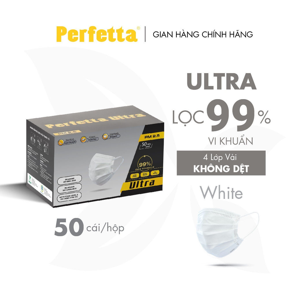 HÀNG XUẤT KHẨU Khẩu trang y tế 4 lớp Perfetta Ultra Trắng Xanh 50 Cái Hộp