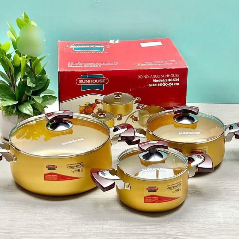 Bộ Nồi Anod Sunhouse Chất Liệu Nhôm Dùng Bếp Gas Bếp Hồng Ngoại Bền đẹp
